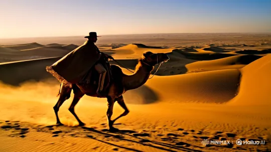 Patagonian Gaucho Rides Camel in Saudi Desert Cinematic Vignette – AI Generated Video | Hailuo AI