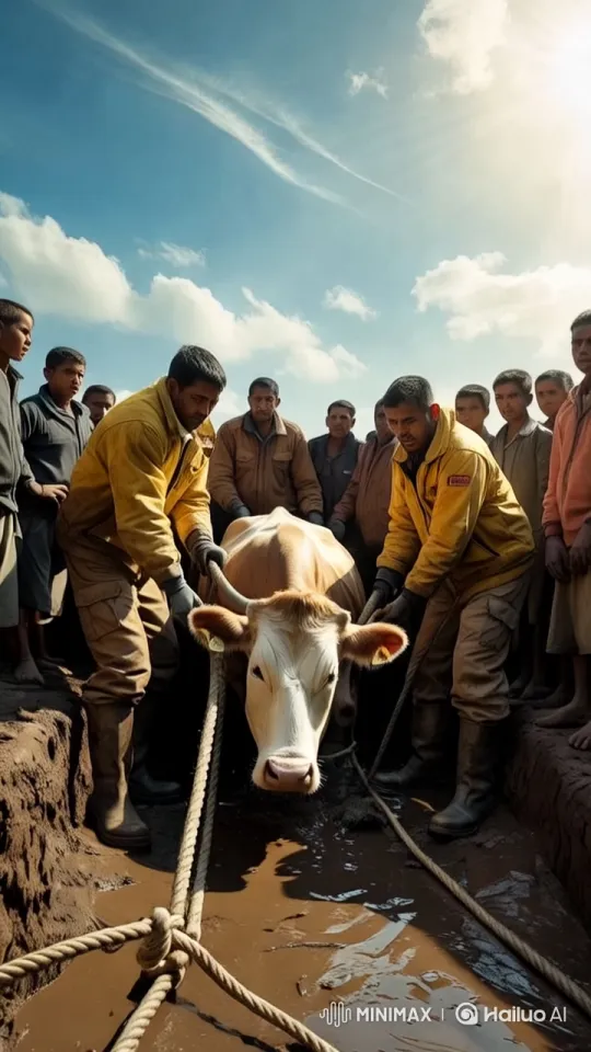Cow Rescued from Deep Pit by Villagers – AI Generated Video | Hailuo AI