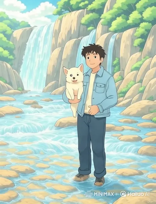 Tranquil Stream Scene with Man and Dog at Golden Hour – AI Generated Video | Hailuo AI