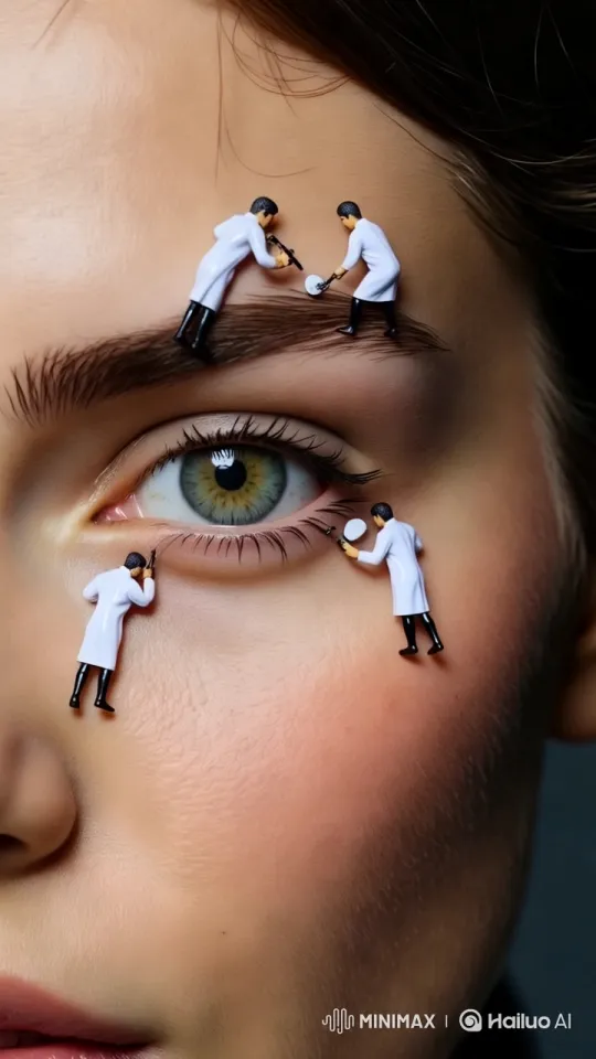 Miniature Technicians Grooming Eyebrow on Human Face – AI Generated Video | Hailuo AI