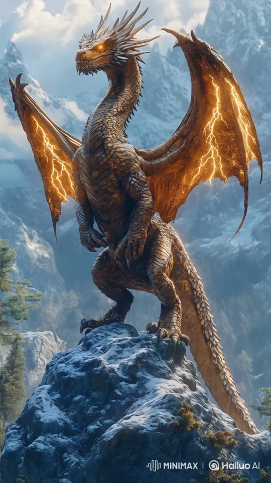 Dominant Dragon Stands Watch Over Snowy Peaks – AI Generated Video | Hailuo AI