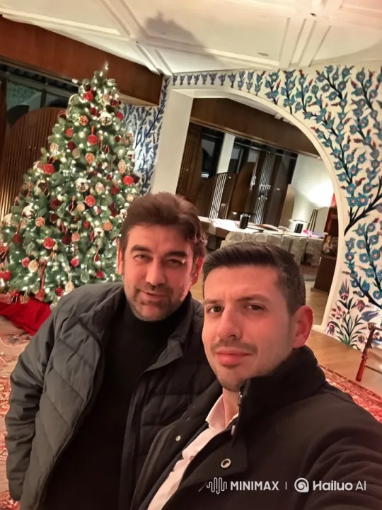 Festive Men Embrace by Majestic Christmas Tree – AI Generated Video | Hailuo AI