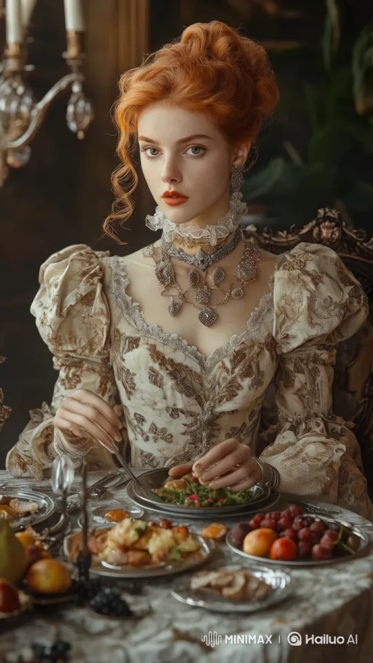 Elegant Woman Enjoying Salad at Luxurious Dining Table – AI Generated Video | Hailuo AI
