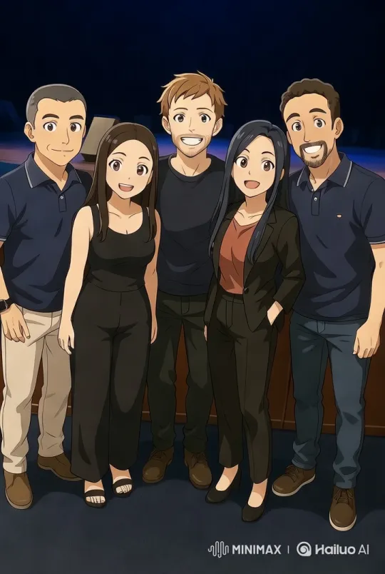 Animated Characters Group Poses Cheerfully on Stage – AI Generated Video | Hailuo AI
