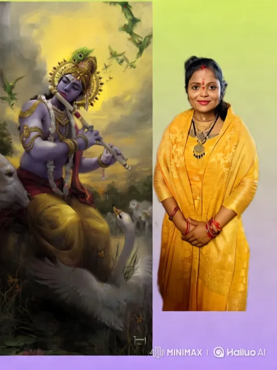 Divine Embrace: Serene Flutist Meets Woman in Yellow Sari – AI Generated Video | Hailuo AI