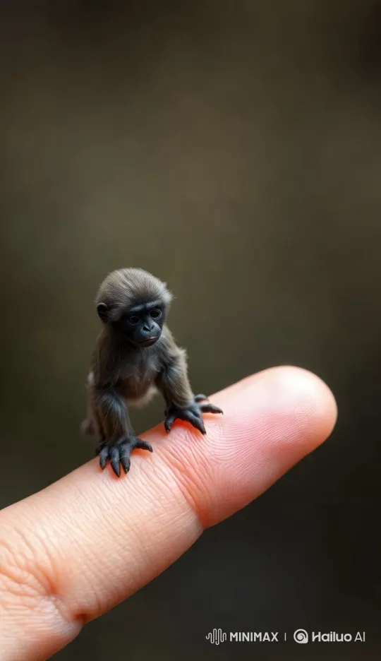 Tiny Monkey Clings Delicately to Human Finger – AI Generated Video | Hailuo AI