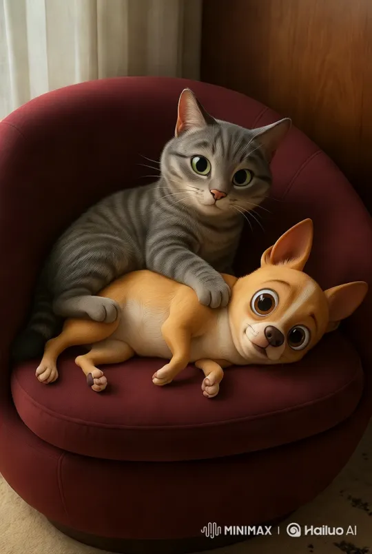 Cat and Dog Cuddle on Armchair in Cozy Room – AI Generated Video | Hailuo AI