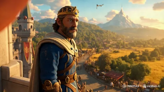 King Overlooks Majestic Kingdom in Grand Aesthetic Scene – AI Generated Video | Hailuo AI