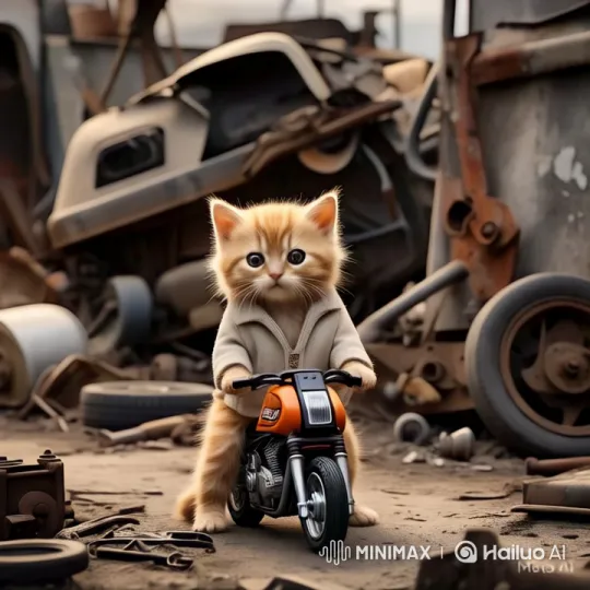 Adventurous Kitten Rides Sportbike in Junkyard – AI Generated Video | Hailuo AI