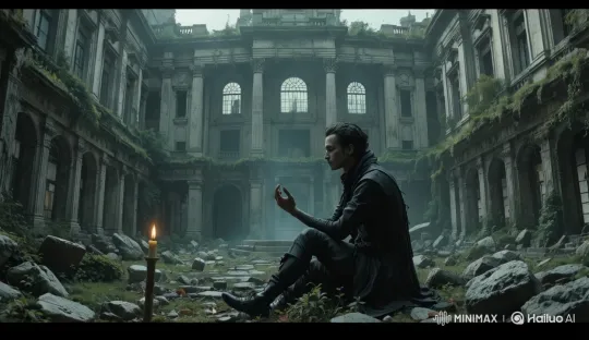 Man Reflects in Ruins Amidst Serene Melancholy – AI Generated Video | Hailuo AI