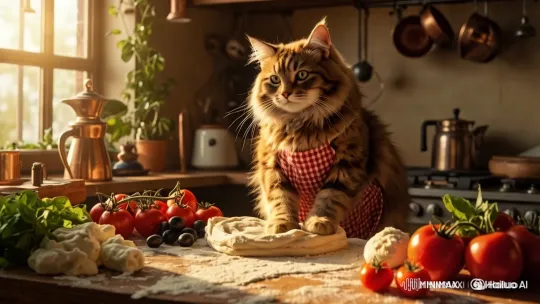 Italian Kitchen: Cat Chef Prepares Pizza Artfully – AI Generated Video | Hailuo AI