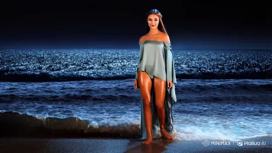 Moonlit Night: A Powerful Woman Commands the Ocean's Edge – AI Generated Video | Hailuo AI