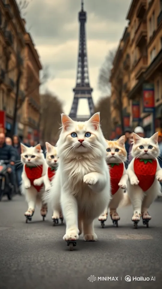 Angora Cats Skate Paris Streets with Style – AI Generated Video | Hailuo AI