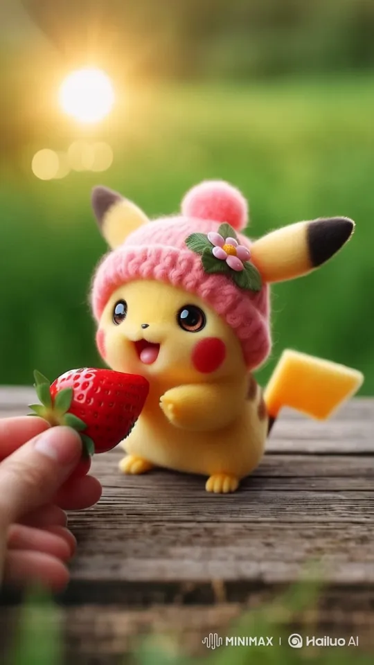 Pikachu Enjoys Strawberry in Serene Setting – AI Generated Video | Hailuo AI
