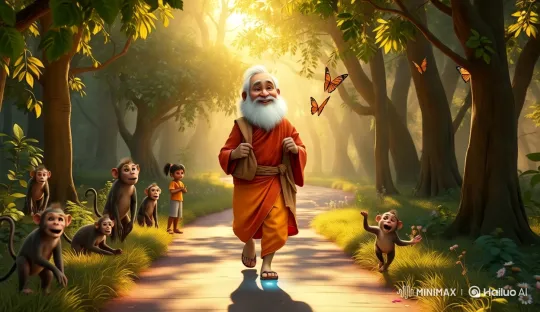 Elderly Man Walks with Monkeys in Serene Forest – AI Generated Video | Hailuo AI