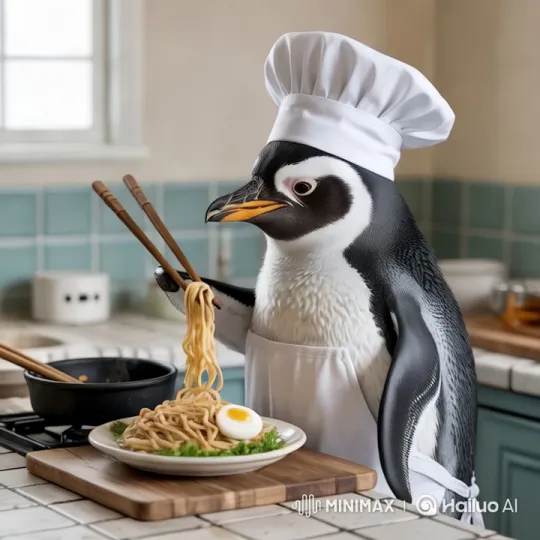 Penguin Chef Preparing Noodles in Elegant Kitchen – AI Generated Video | Hailuo AI
