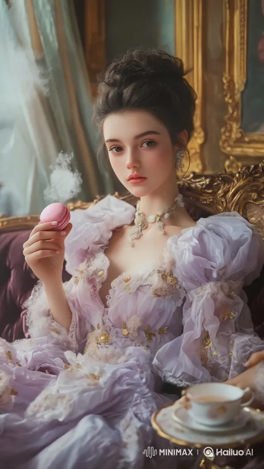 Woman Enjoying Macaron in Elegant Setting – AI Generated Video | Hailuo AI