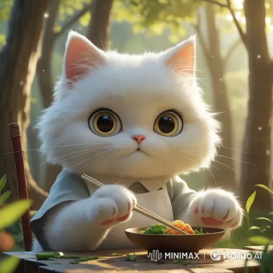 White Cat Dines Gracefully in Enchanted Forest – AI Generated Video | Hailuo AI