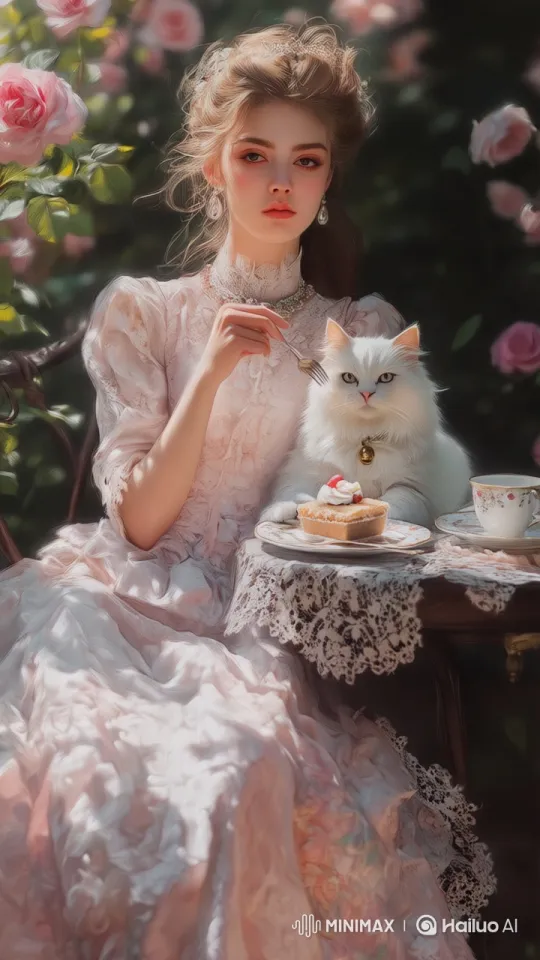 Woman and Cat Share Cake in Vintage Elegance Animation – AI Generated Video | Hailuo AI