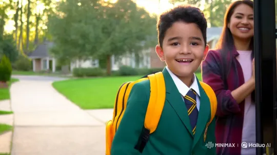 Boy Waves Goodbye to Parents, Heads to School – AI Generated Video | Hailuo AI