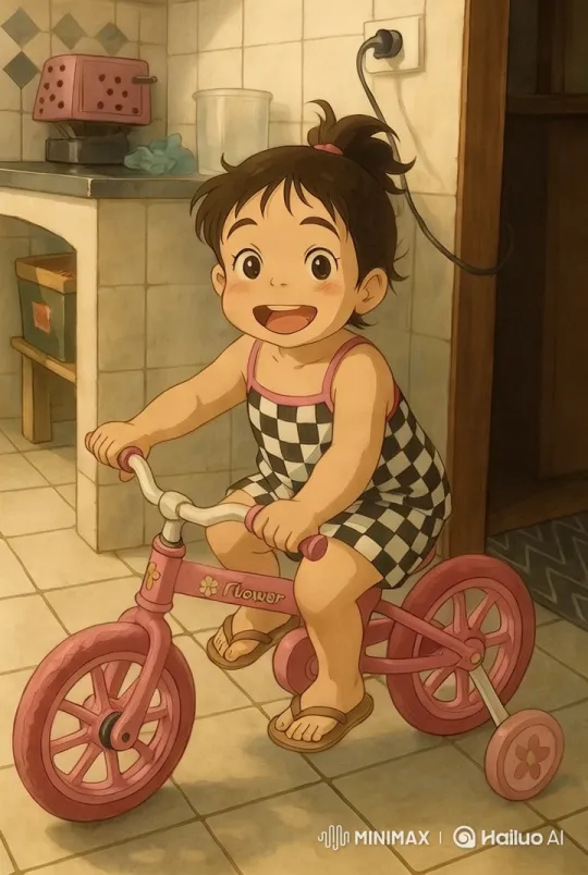 Young Girl Expresses Love on a Pink Tricycle in a Cozy Kitchen – AI Generated Video | Hailuo AI