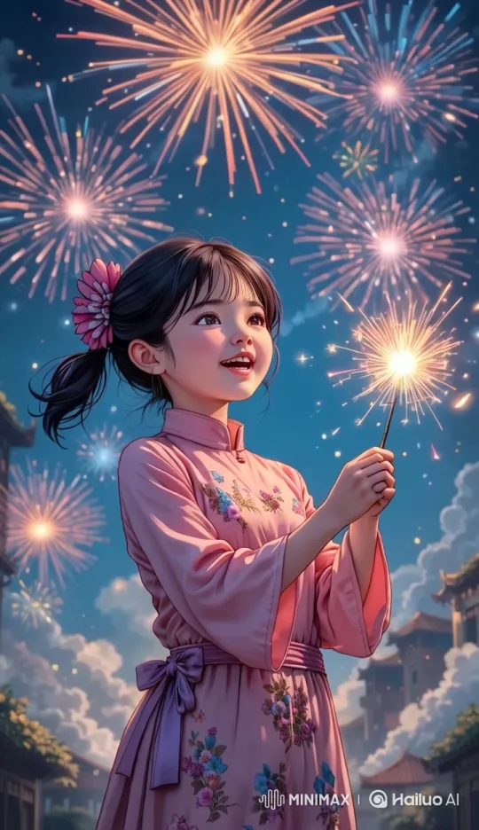 Joyful Girl Enjoys Fireworks in Traditional Dress – AI Generated Video | Hailuo AI