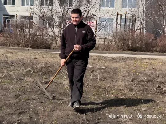 Boy Raking Soil in Urban Garden with Aesthetic Focus – AI Generated Video | Hailuo AI