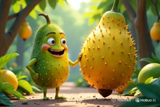 Animated Character in Lush Orchard Interacts with Spiky Fruits – AI Generated Video | Hailuo AI