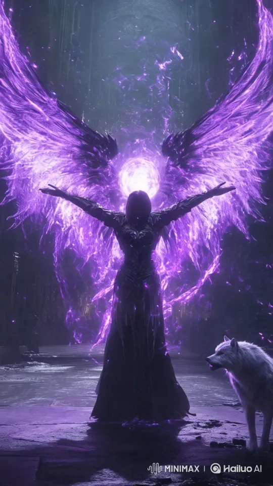 Mystical Figure with Wings and Wolf in Ethereal Realm – AI Generated Video | Hailuo AI