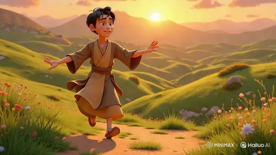 Boy in Robes Embraces Nature at Sunset – AI Generated Video | Hailuo AI
