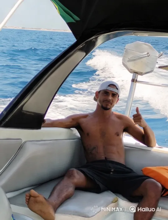Muscular Man Relaxing on Speedboat, Ocean Adventure – AI Generated Video | Hailuo AI