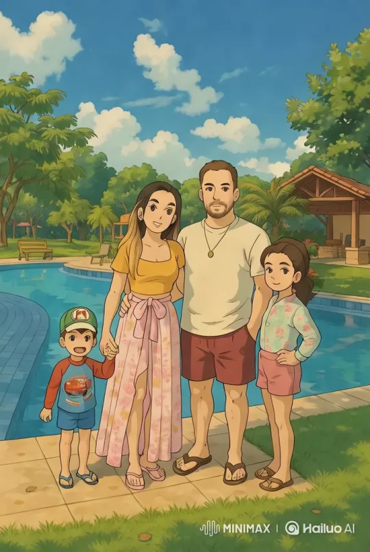 Family Enjoying Serene Poolside in Vibrant Surroundings – AI Generated Video | Hailuo AI