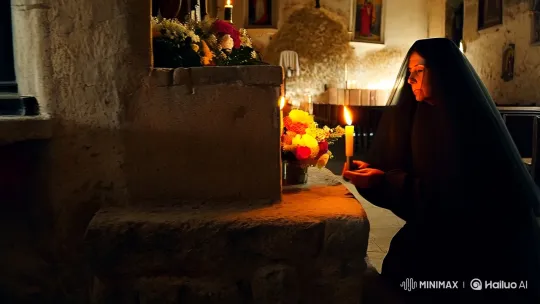 Mourning Woman in 19th-Century Sicilian Church Interior – AI Generated Video | Hailuo AI