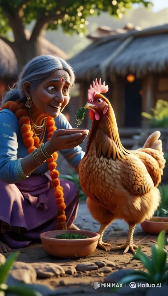 Grandmother Feeds Medicine to Hen in Serene Village – AI Generated Video | Hailuo AI