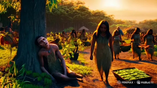 Contrast of Life and Despair in Indigenous Village at Dawn – AI Generated Video | Hailuo AI