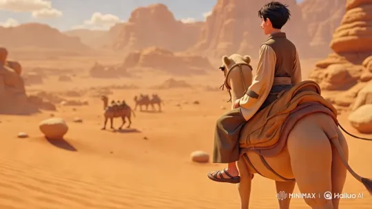 Traditional Desert Journey: Camel Ride Across Golden Sands – AI Generated Video | Hailuo AI