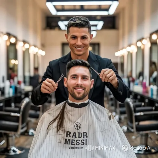 Ronaldo Cuts Messi's Hair in Stylish Salon Setting – AI Generated Video | Hailuo AI