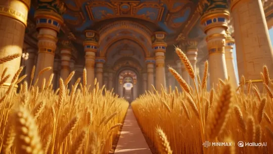 Grand Hall with Golden Wheat and Ornate Architecture – AI Generated Video | Hailuo AI