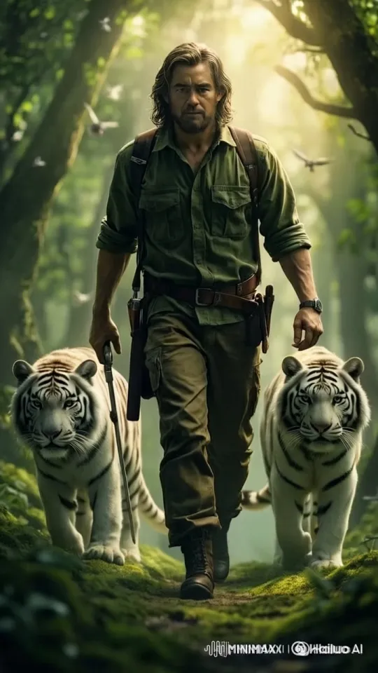 Adventurer and White Tigers Walk Through Jungle – AI Generated Video | Hailuo AI