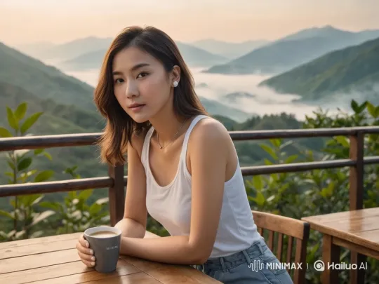 Woman Enjoying Morning Coffee on Mountain Balcony – AI Generated Video | Hailuo AI