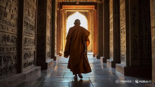 Monk's Tranquil Walk Through Ancient Corridor – AI Generated Video | Hailuo AI