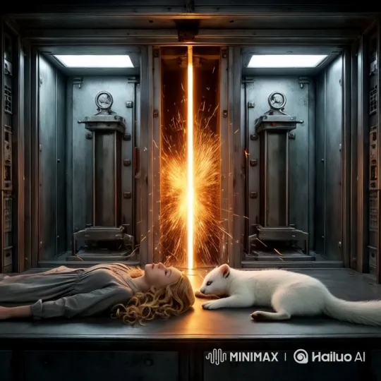 Dramatic Holographic Guillotine Scene in Metallic Chamber – AI Generated Video | Hailuo AI