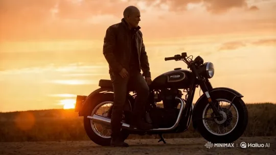 Leather Jacketed Man on Partizan Motorcycle at Sunset – AI Generated Video | Hailuo AI