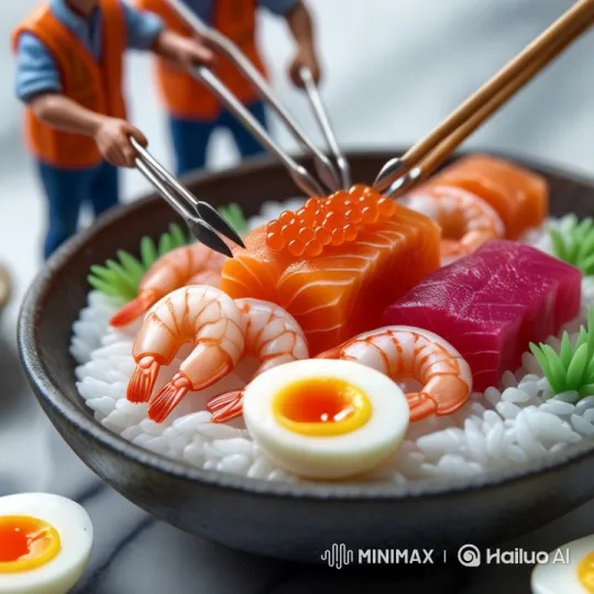 Artful Craftsmanship in Preparing a Sashimi Bowl – AI Generated Video | Hailuo AI