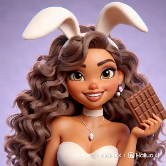 Elegant Doll with Bunny Ears Discusses a Chocolate Bar – AI Generated Video | Hailuo AI