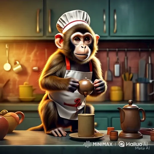 Monkey Chef Pours Liquid with Precision in Aesthetic Kitchen – AI Generated Video | Hailuo AI