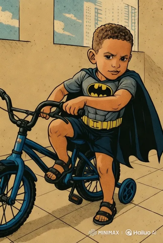 Boy in Batman Costume Rides Bicycle with Dramatic Cinematography – AI Generated Video | Hailuo AI