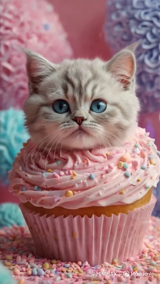 Kitten Nuzzles in Cupcake with Whimsical Decor – AI Generated Video | Hailuo AI