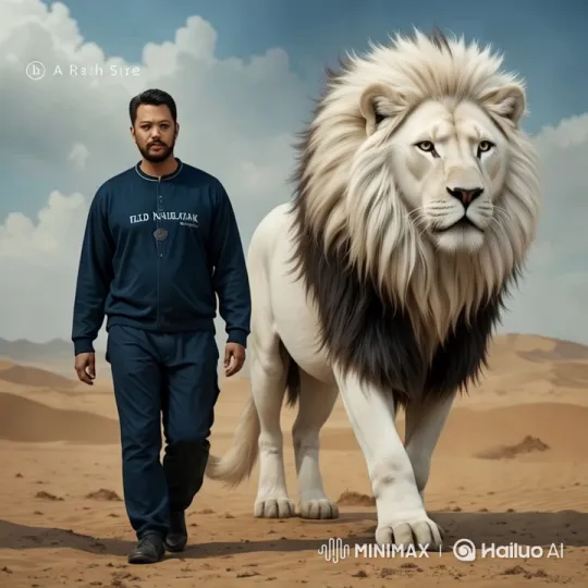 Man and Lion Walk in Harmony Through Desert Landscape – AI Generated Video | Hailuo AI