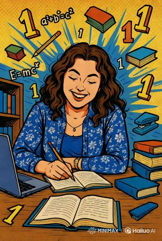 Young Woman Engages in Study Amidst Books and Symbols – AI Generated Video | Hailuo AI